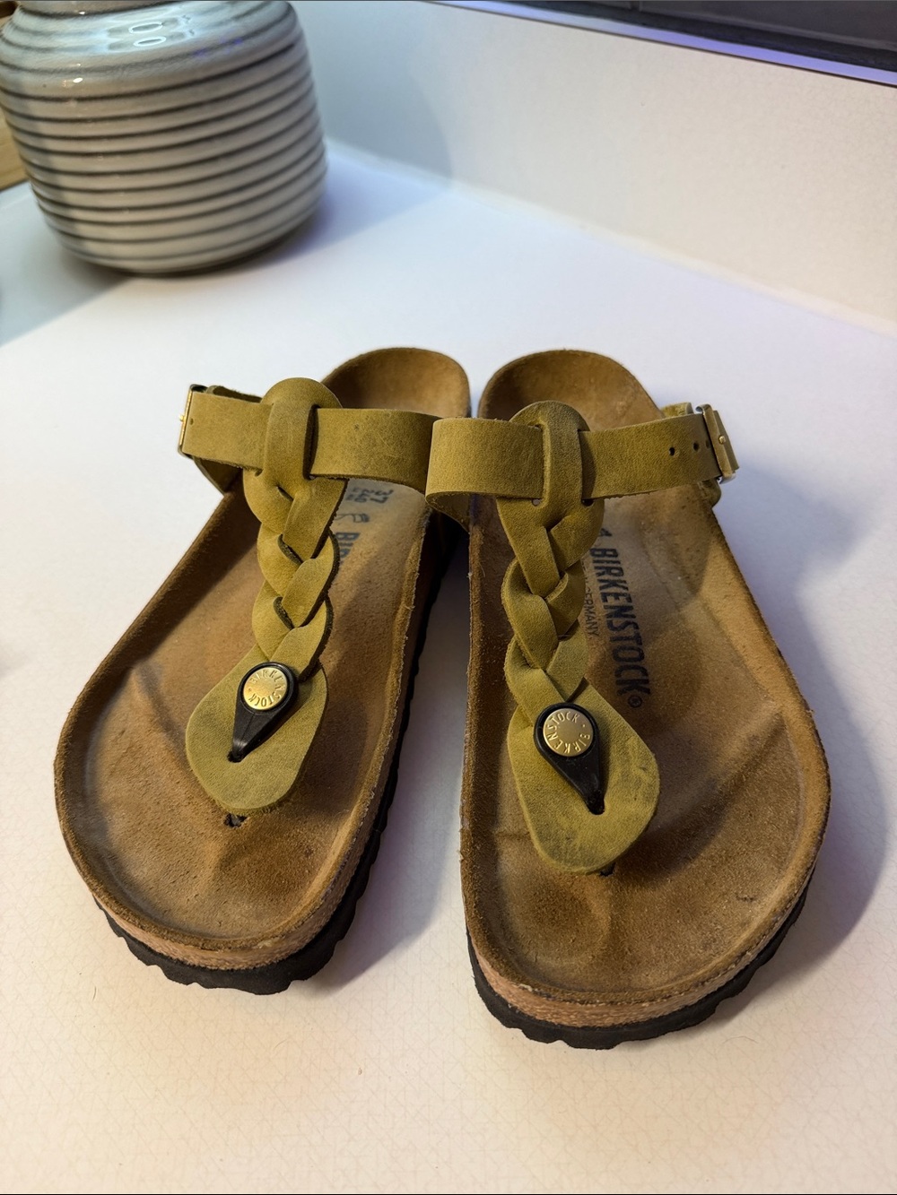 Birkenstock Gizeh Braided Suede Thong Sandals in Olive Green